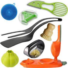 Kitchen Accessories Set (8-Piece) - Premium Cooking Utensils & Gadgets with Bamboo Dish Brush, Avocado Slicer, Garlic Press, Peeler